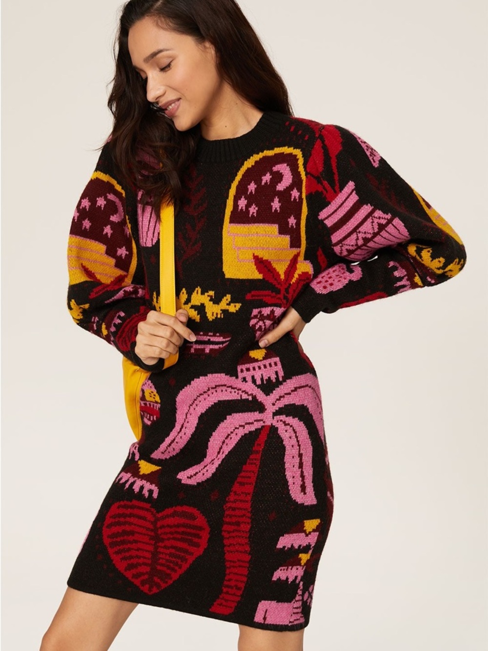 FARM Rio Black Knit Long Sleeve Dress with Pink and Yellow Motifs